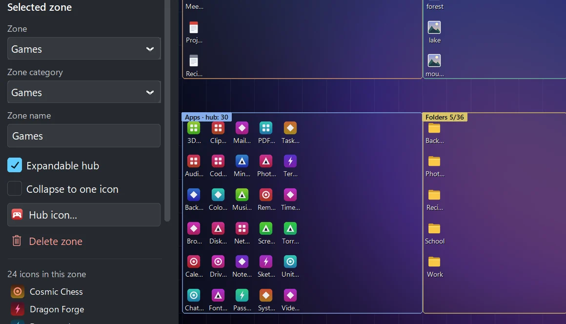 Zone settings with Expandable hub switched on, next to the Apps zone marked as a hub