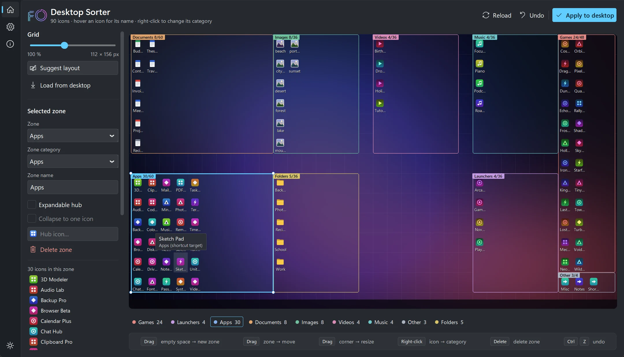 Main window: a preview of the desktop with icons sorted into zones for documents, images, videos, music, apps, folders, launchers and games