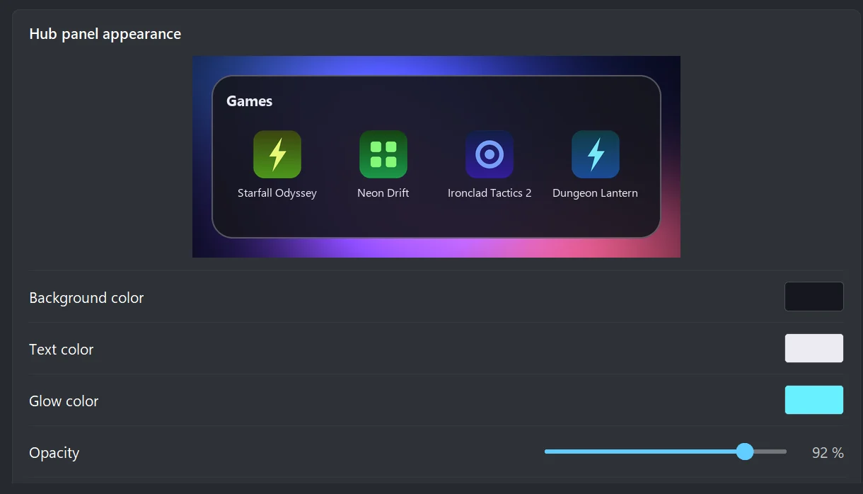 Hub panel settings with a live preview of the panel, plus colour and opacity controls