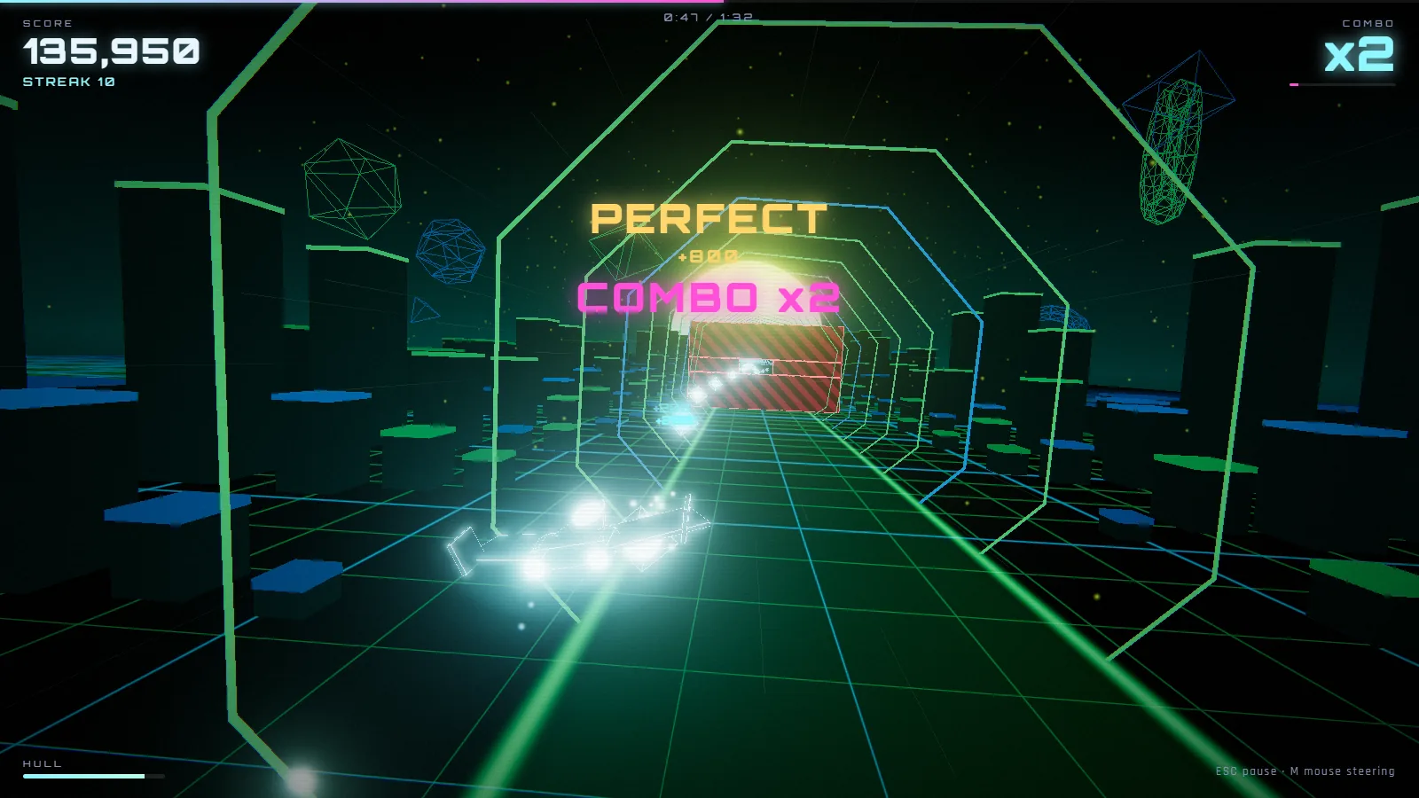 A combo multiplier popping up in a green tunnel
