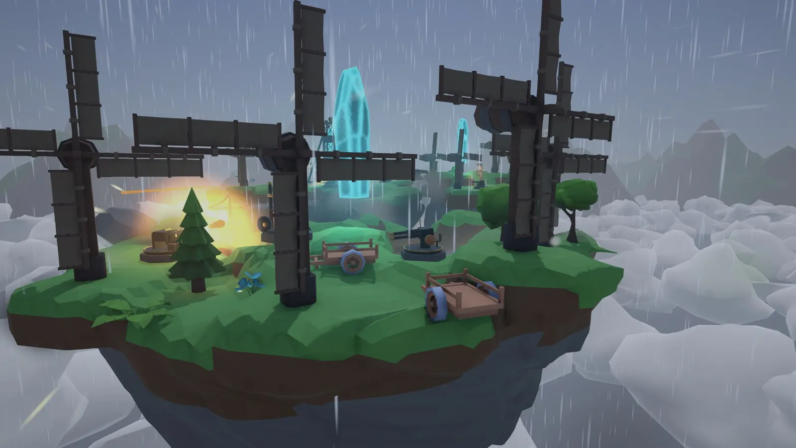 Close-up of a fortress island with windmill engines and guns, in the rain
