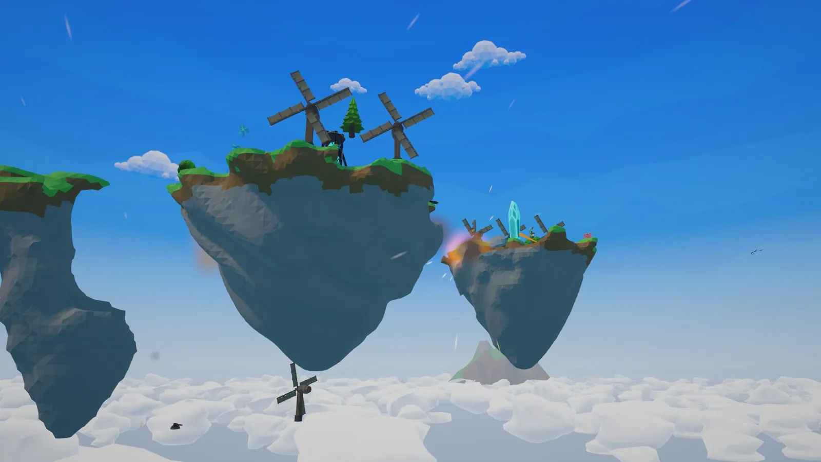 Debris falls from a damaged island